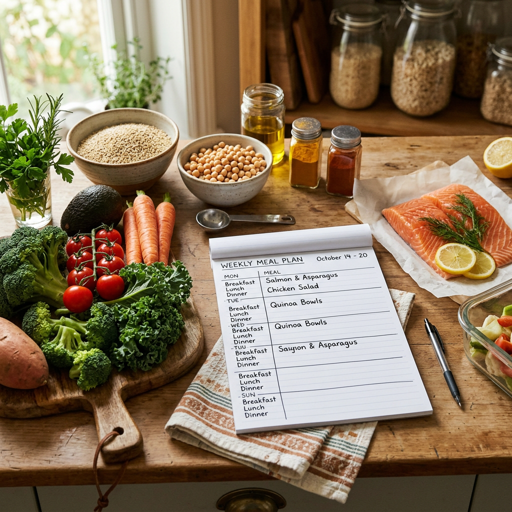 Weekly Meal Plan, October 14–20, listing breakfast, lunch, and dinner with Salmon & Asparagus, Chicken Salad, and Quinoa Bowls, surrounded by fresh vegetables, grains, spices, and salmon.