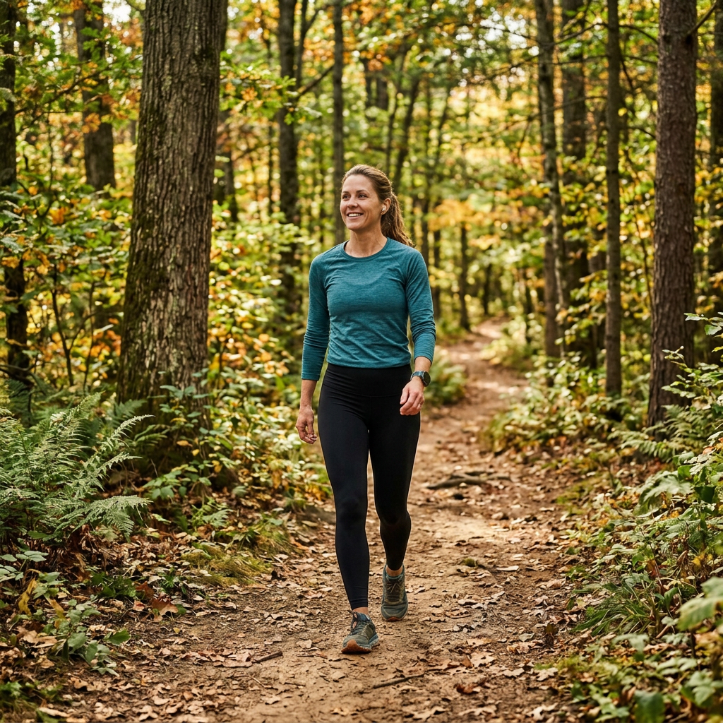 Woman running along a wooded autumn trail